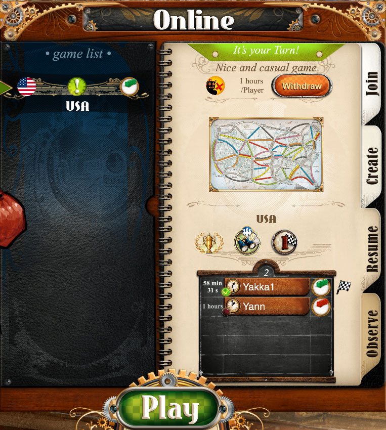 The Resume tab in Ticket to Ride